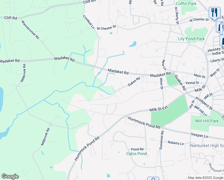 map of restaurants, bars, coffee shops, grocery stores, and more near 25 Dukes Road in Nantucket