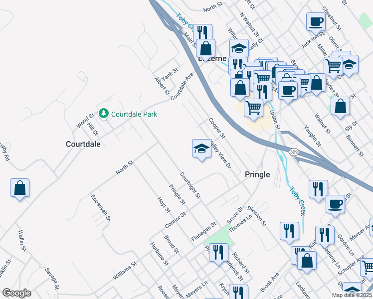map of restaurants, bars, coffee shops, grocery stores, and more near 75 Evans Street in Pringle