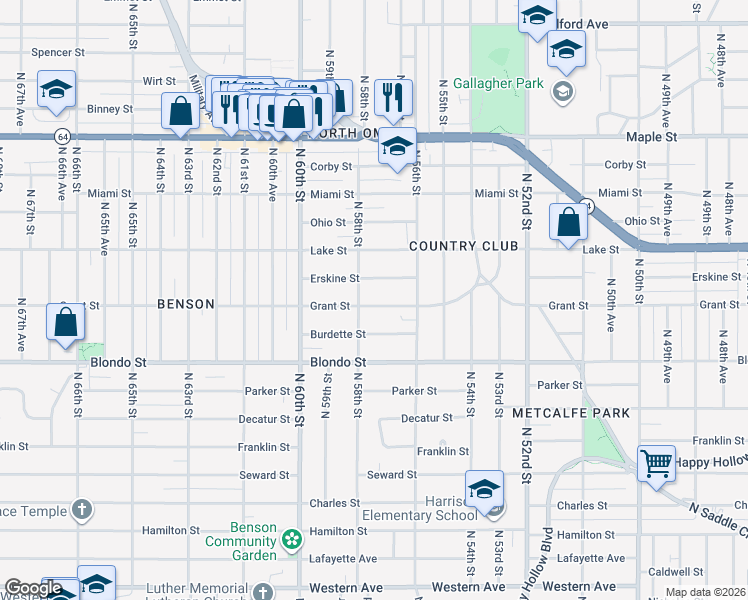 map of restaurants, bars, coffee shops, grocery stores, and more near 5640 Grant Street in Omaha