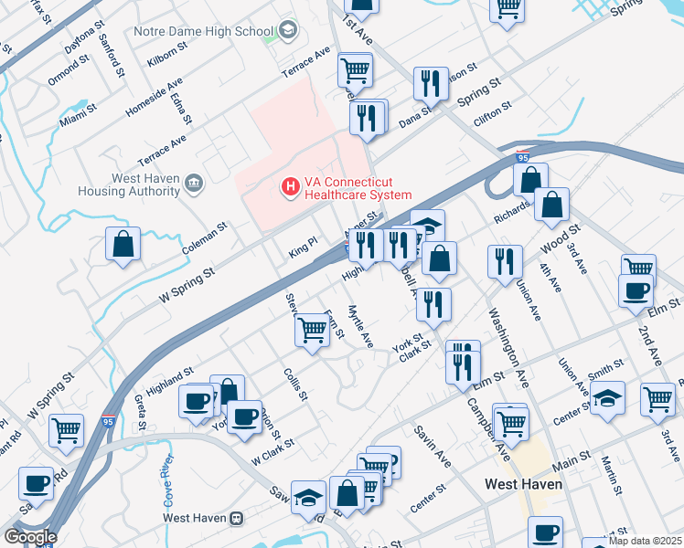 map of restaurants, bars, coffee shops, grocery stores, and more near 77 Highland Street in West Haven