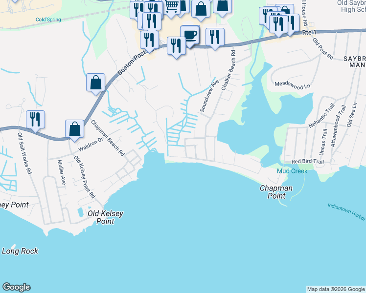 map of restaurants, bars, coffee shops, grocery stores, and more near 9 Saye Street in Old Saybrook