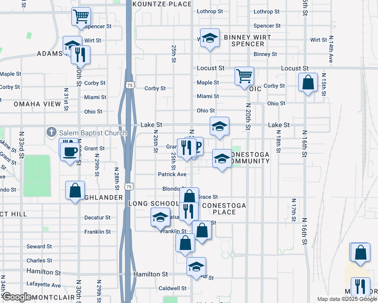 map of restaurants, bars, coffee shops, grocery stores, and more near 2216 North 24th Street in Omaha