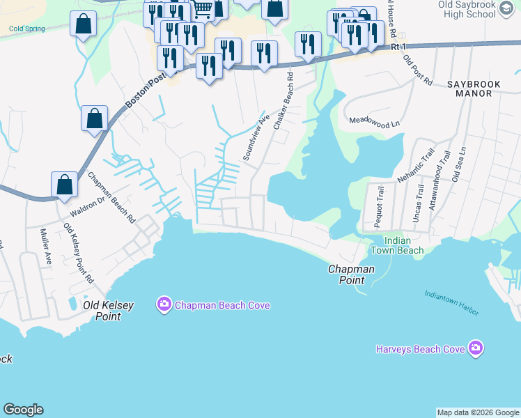 map of restaurants, bars, coffee shops, grocery stores, and more near 122 Chalker Beach Road in Old Saybrook