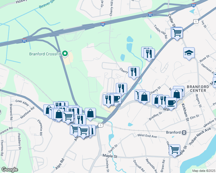 map of restaurants, bars, coffee shops, grocery stores, and more near 127 Montoya Drive in Branford