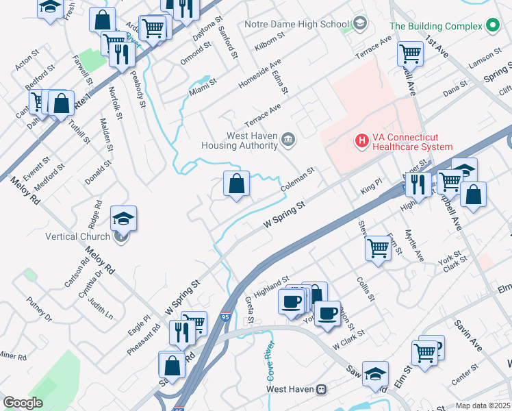 map of restaurants, bars, coffee shops, grocery stores, and more near 90 Coleman Street in West Haven