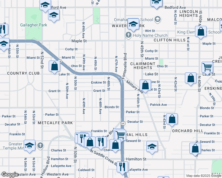 map of restaurants, bars, coffee shops, grocery stores, and more near 2311 North 48th Street in Omaha