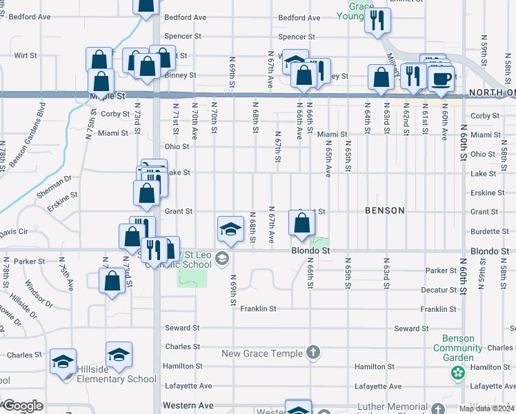 map of restaurants, bars, coffee shops, grocery stores, and more near 2308 North 68th Street in Omaha