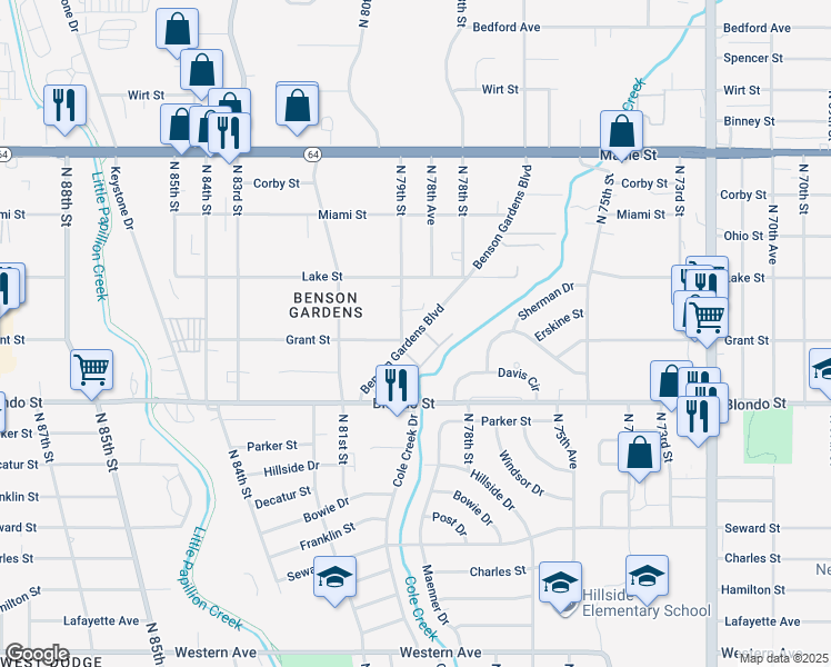map of restaurants, bars, coffee shops, grocery stores, and more near 2306 North 79th Street in Omaha