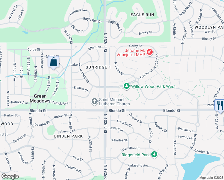 map of restaurants, bars, coffee shops, grocery stores, and more near 13124 Burdette Circle in Omaha