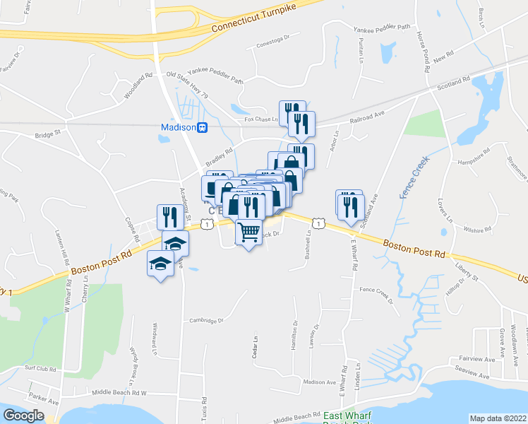 map of restaurants, bars, coffee shops, grocery stores, and more near 737 Boston Post Road in Madison
