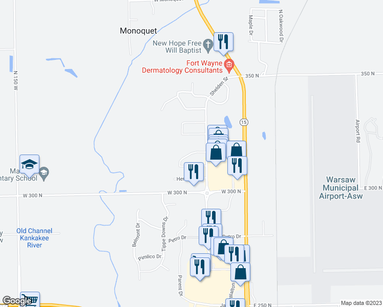 map of restaurants, bars, coffee shops, grocery stores, and more near Briar Ridge Circle in Warsaw