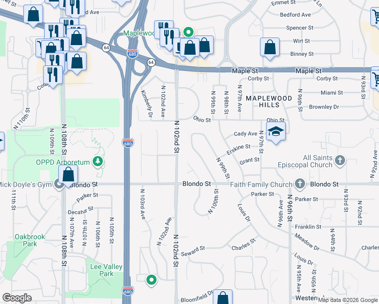 map of restaurants, bars, coffee shops, grocery stores, and more near 2410 N 100th St in Omaha