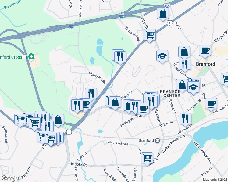 map of restaurants, bars, coffee shops, grocery stores, and more near 27 Cherry Hill Road in Branford