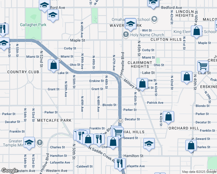 map of restaurants, bars, coffee shops, grocery stores, and more near 2303 North 48th Street in Omaha