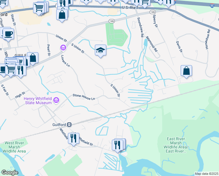 map of restaurants, bars, coffee shops, grocery stores, and more near 369 South Union Street in Guilford