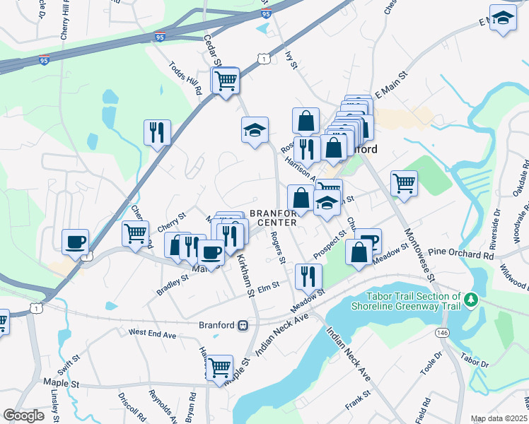 map of restaurants, bars, coffee shops, grocery stores, and more near 700 Main Street in Branford
