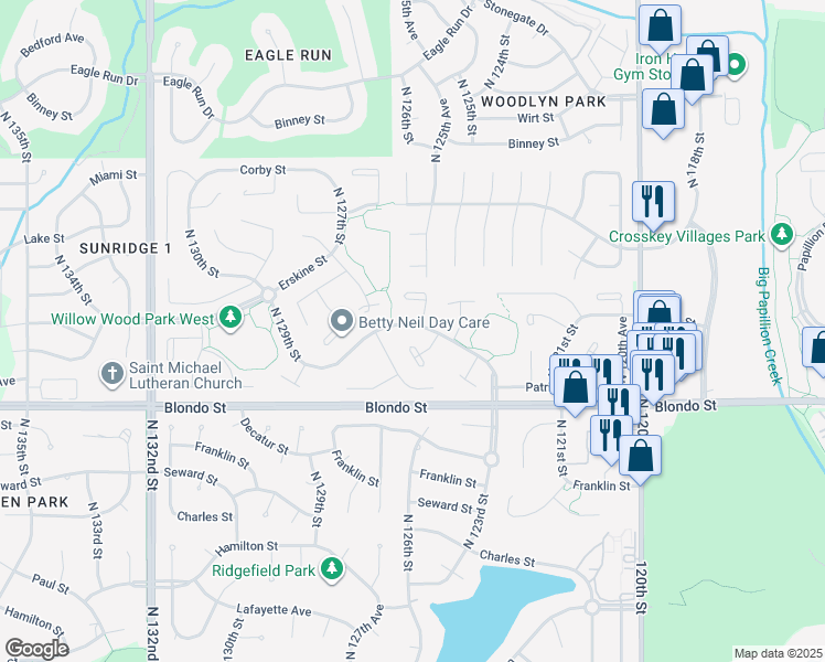 map of restaurants, bars, coffee shops, grocery stores, and more near 12561 Yates Street in Omaha