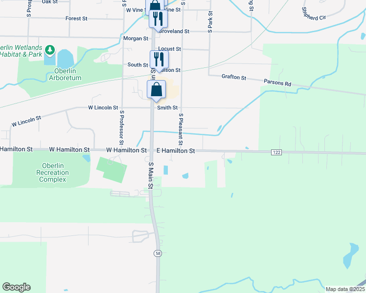 map of restaurants, bars, coffee shops, grocery stores, and more near 431 South Pleasant Street in Oberlin