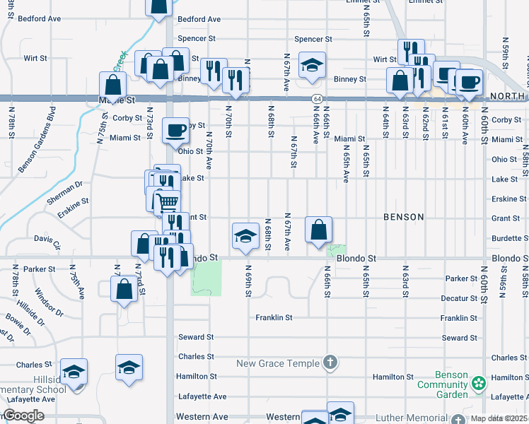 map of restaurants, bars, coffee shops, grocery stores, and more near 2308 North 68th Street in Omaha
