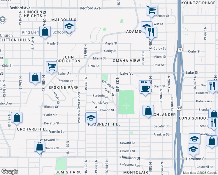 map of restaurants, bars, coffee shops, grocery stores, and more near 3353 Erskine Street in Omaha