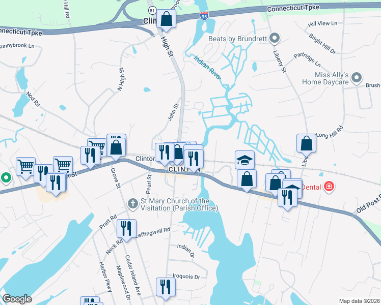 map of restaurants, bars, coffee shops, grocery stores, and more near 21 High Street in Clinton