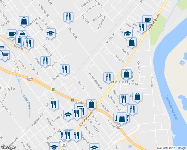 map of restaurants, bars, coffee shops, grocery stores, and more near 117-119 E Pettebone St in Forty Fort