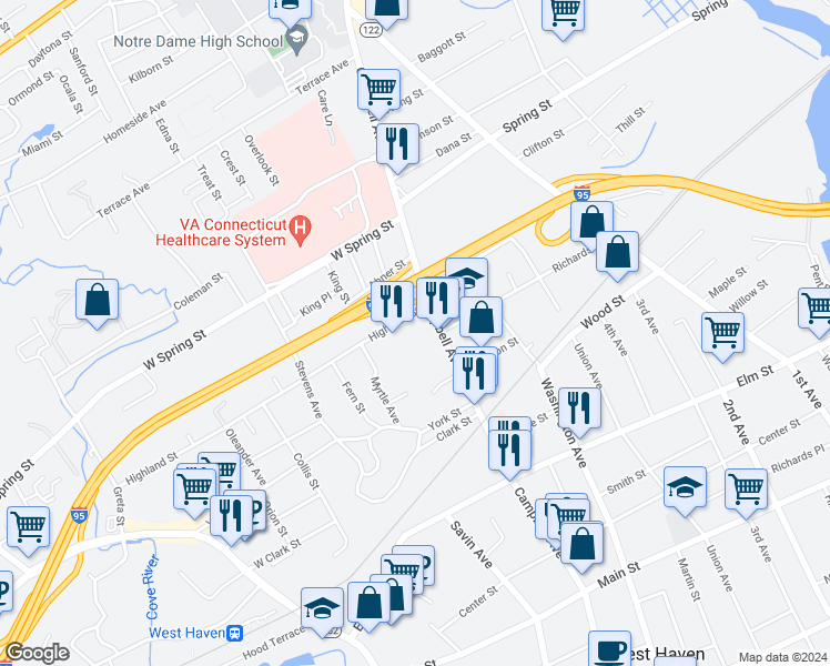 map of restaurants, bars, coffee shops, grocery stores, and more near 10 Highland Street in West Haven