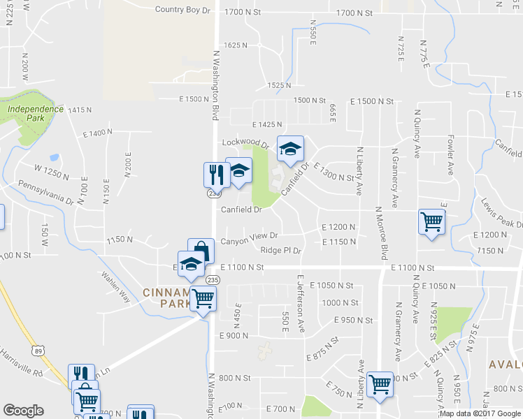 map of restaurants, bars, coffee shops, grocery stores, and more near 550 Canfield Drive in Ogden