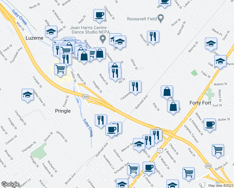 map of restaurants, bars, coffee shops, grocery stores, and more near 291-293 Walnut Street in Luzerne