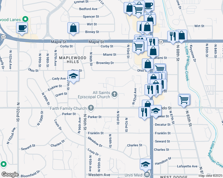 map of restaurants, bars, coffee shops, grocery stores, and more near 2420 North 93rd Court in Omaha