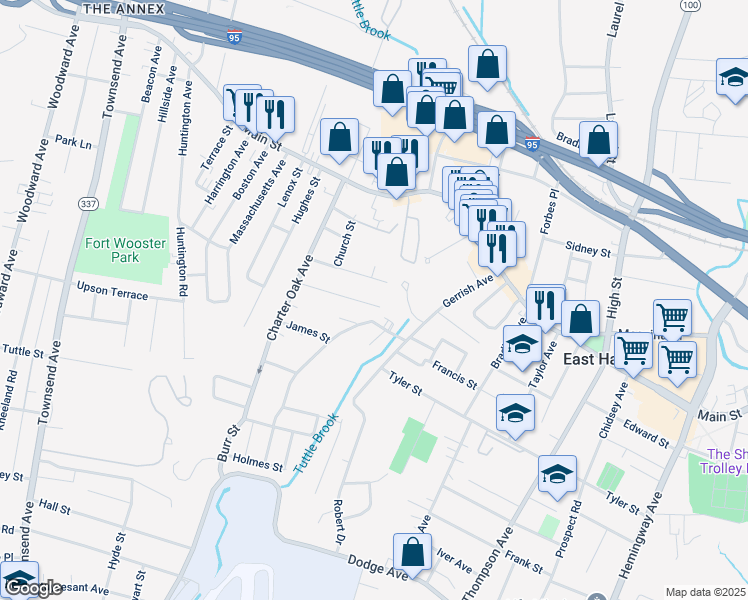 map of restaurants, bars, coffee shops, grocery stores, and more near 7 Gordon Street in East Haven