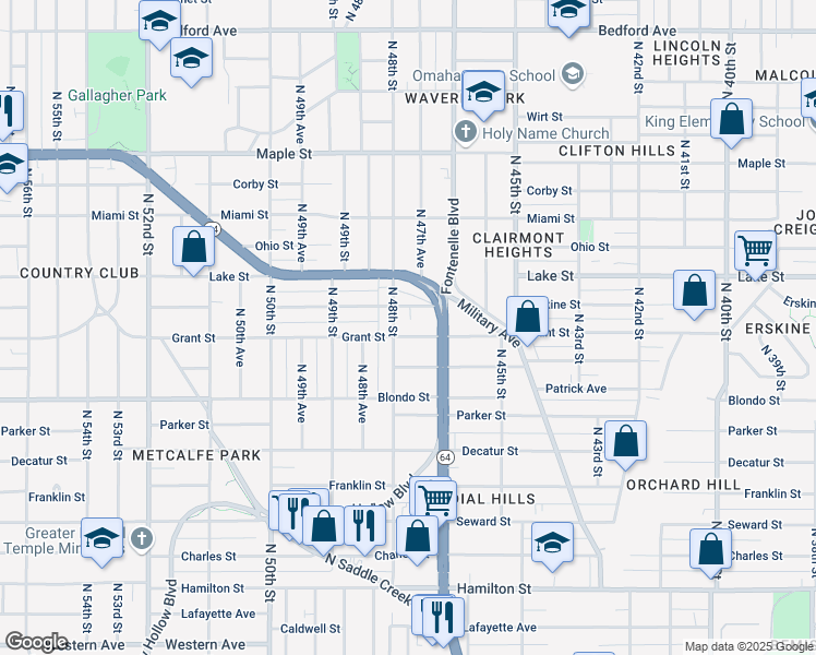 map of restaurants, bars, coffee shops, grocery stores, and more near 2311 North 48th Street in Omaha