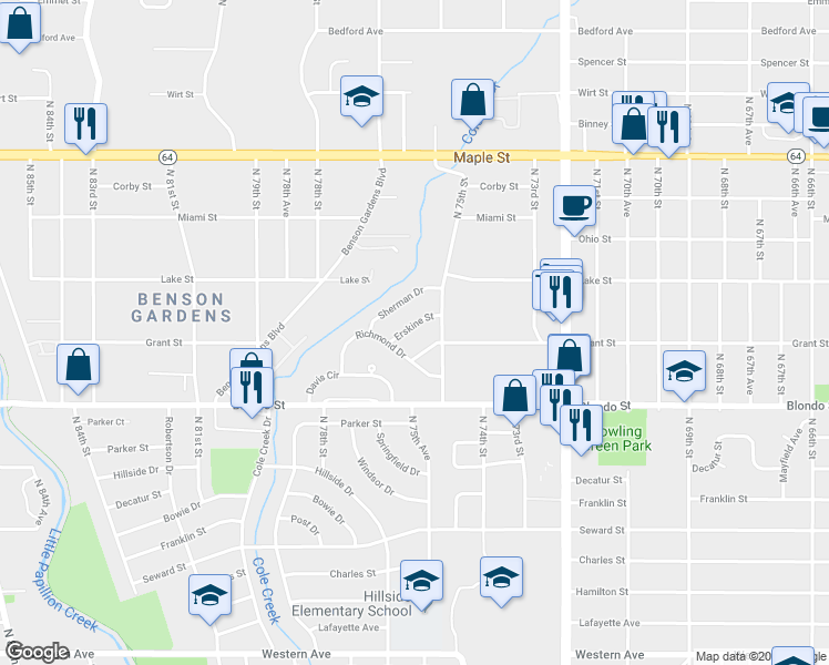 map of restaurants, bars, coffee shops, grocery stores, and more near 7533 Erskine Street in Omaha