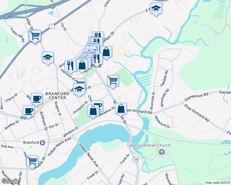 map of restaurants, bars, coffee shops, grocery stores, and more near 18R Averill Place in Branford