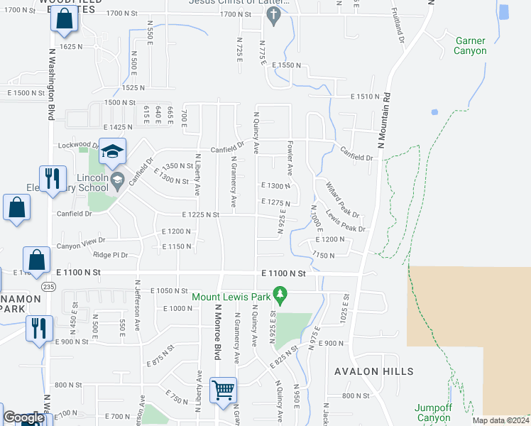 map of restaurants, bars, coffee shops, grocery stores, and more near 1263 North 925 East in Ogden