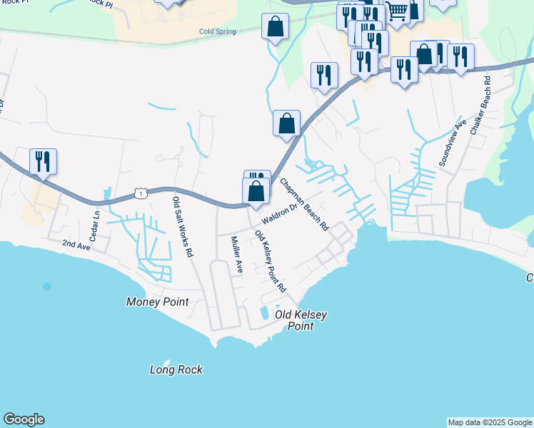 map of restaurants, bars, coffee shops, grocery stores, and more near 103 Waldron Drive in Westbrook