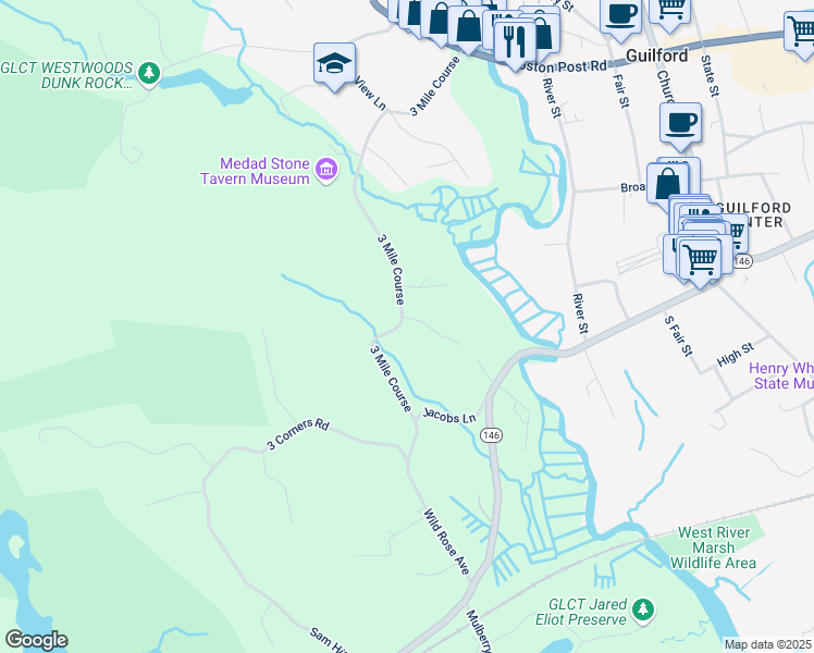 map of restaurants, bars, coffee shops, grocery stores, and more near 351 3 Mile Course in Guilford