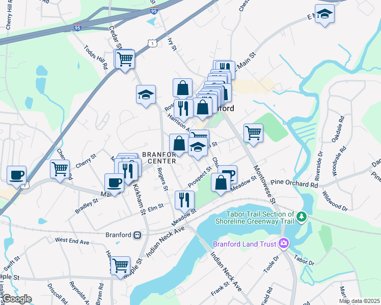 map of restaurants, bars, coffee shops, grocery stores, and more near in Branford