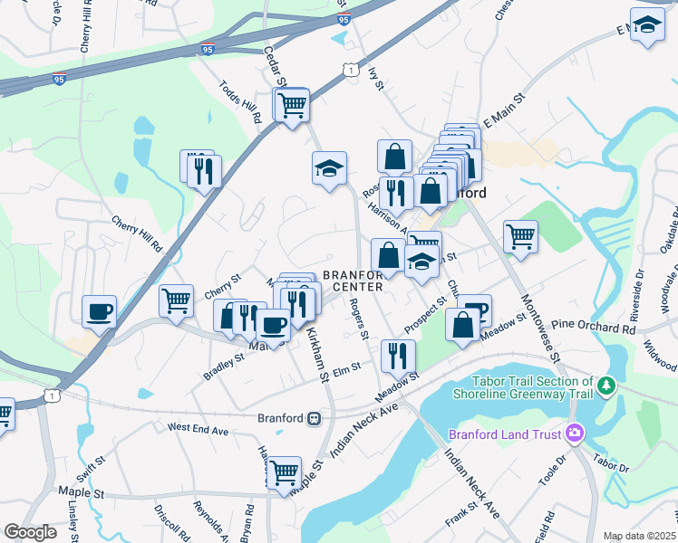 map of restaurants, bars, coffee shops, grocery stores, and more near 700 Main Street in Branford