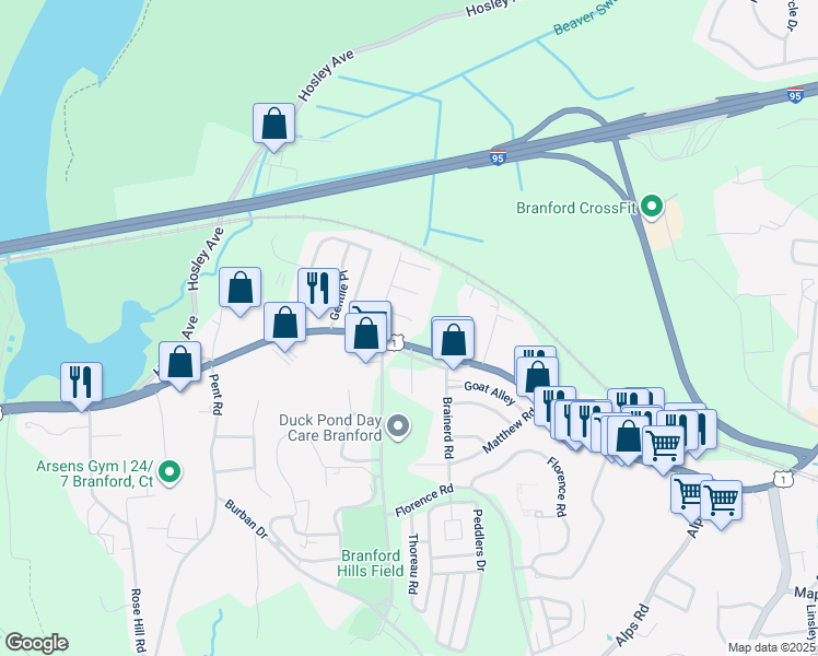 map of restaurants, bars, coffee shops, grocery stores, and more near 11 Bellview Road in Branford