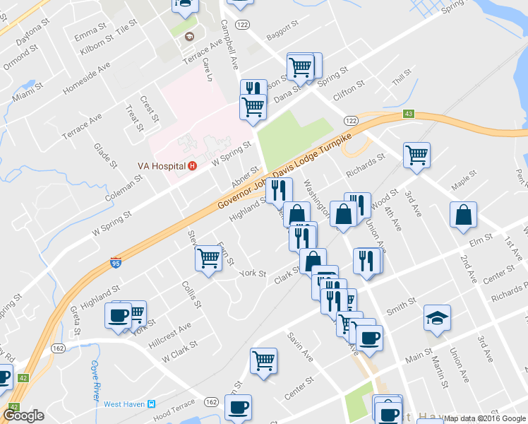map of restaurants, bars, coffee shops, grocery stores, and more near 26 Highland Street in West Haven