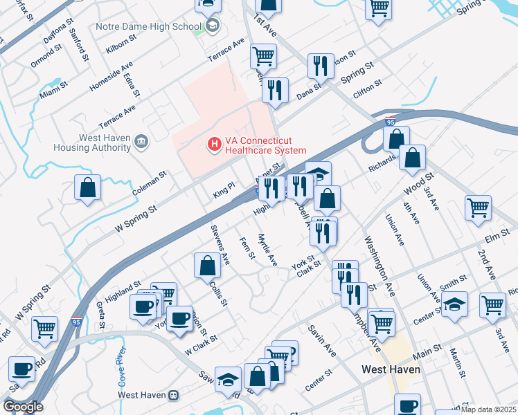 map of restaurants, bars, coffee shops, grocery stores, and more near 77 Highland Street in West Haven