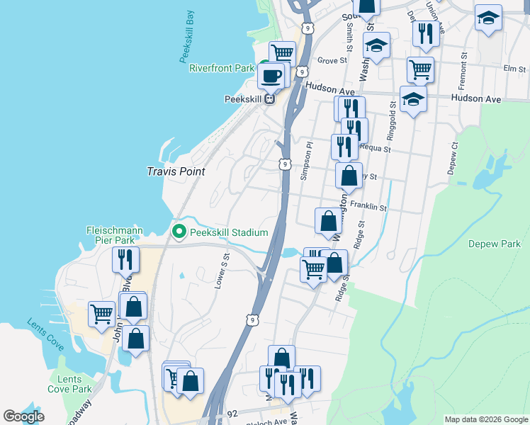 map of restaurants, bars, coffee shops, grocery stores, and more near 624 Mountainview Road in Peekskill
