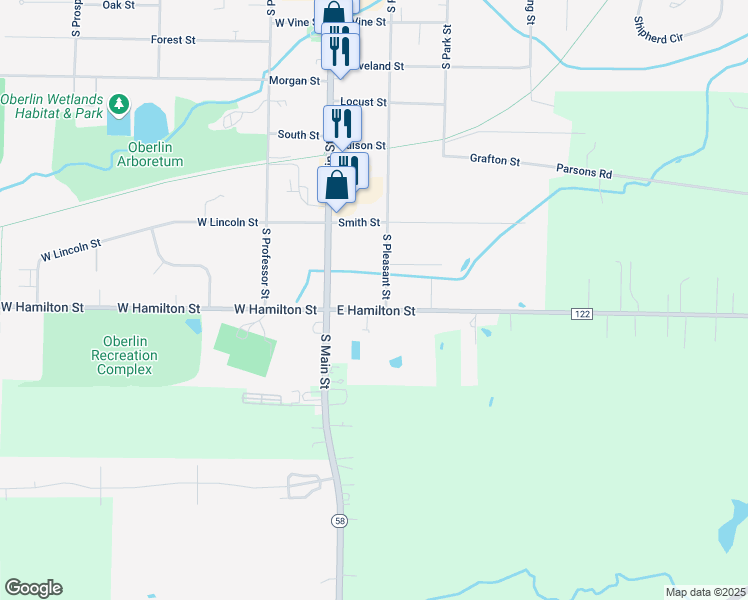 map of restaurants, bars, coffee shops, grocery stores, and more near 431 South Pleasant Street in Oberlin