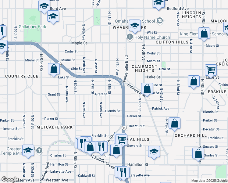 map of restaurants, bars, coffee shops, grocery stores, and more near 2311 North 48th Street in Omaha
