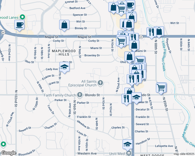 map of restaurants, bars, coffee shops, grocery stores, and more near 2420 N 93rd Ct in Omaha