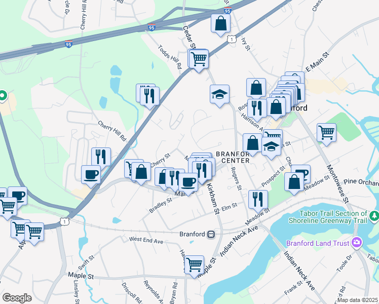 map of restaurants, bars, coffee shops, grocery stores, and more near 55 Monroe Street in Branford
