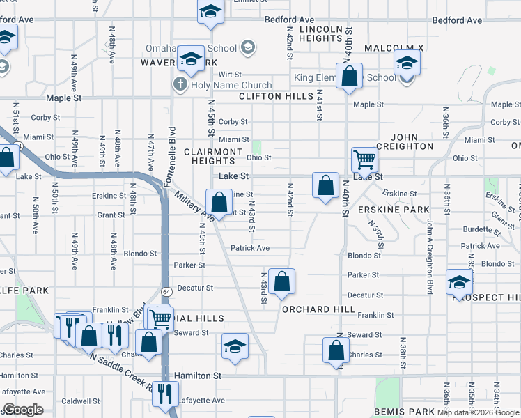 map of restaurants, bars, coffee shops, grocery stores, and more near 4240 Grant Street in Omaha