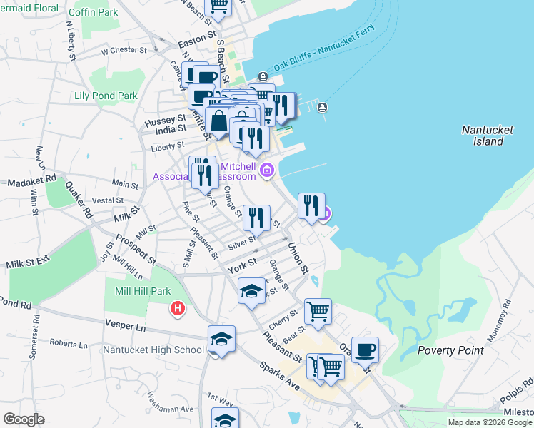 map of restaurants, bars, coffee shops, grocery stores, and more near 37 Union Street in Nantucket