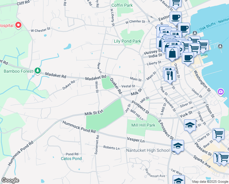 map of restaurants, bars, coffee shops, grocery stores, and more near 15 Quaker Road in Nantucket